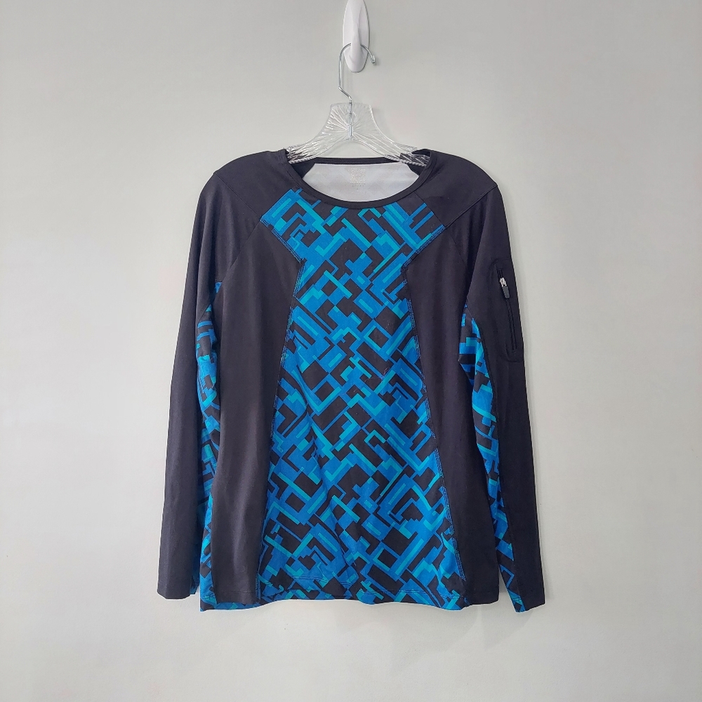 Anne Klein Sport workout shirt Large black blue long sleeve scoop neck